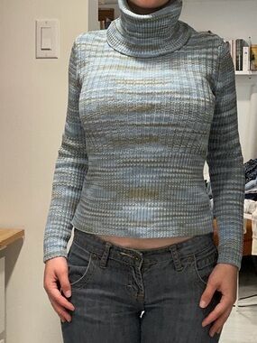 Striped Light Blue Turtleneck Sweater - Women's